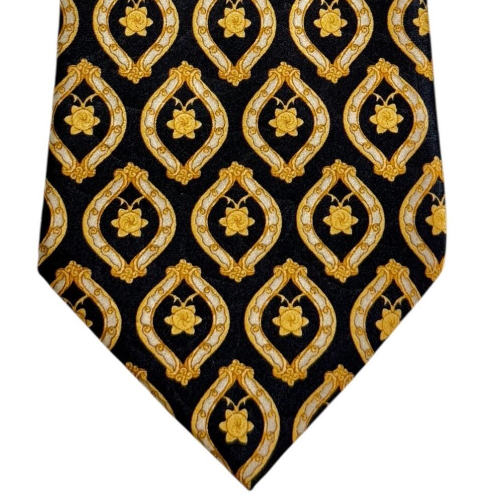 VTG Lanvin Paris Silk Tie Black Gold Medallion Floral Baroque Designer‎ Neck Tie